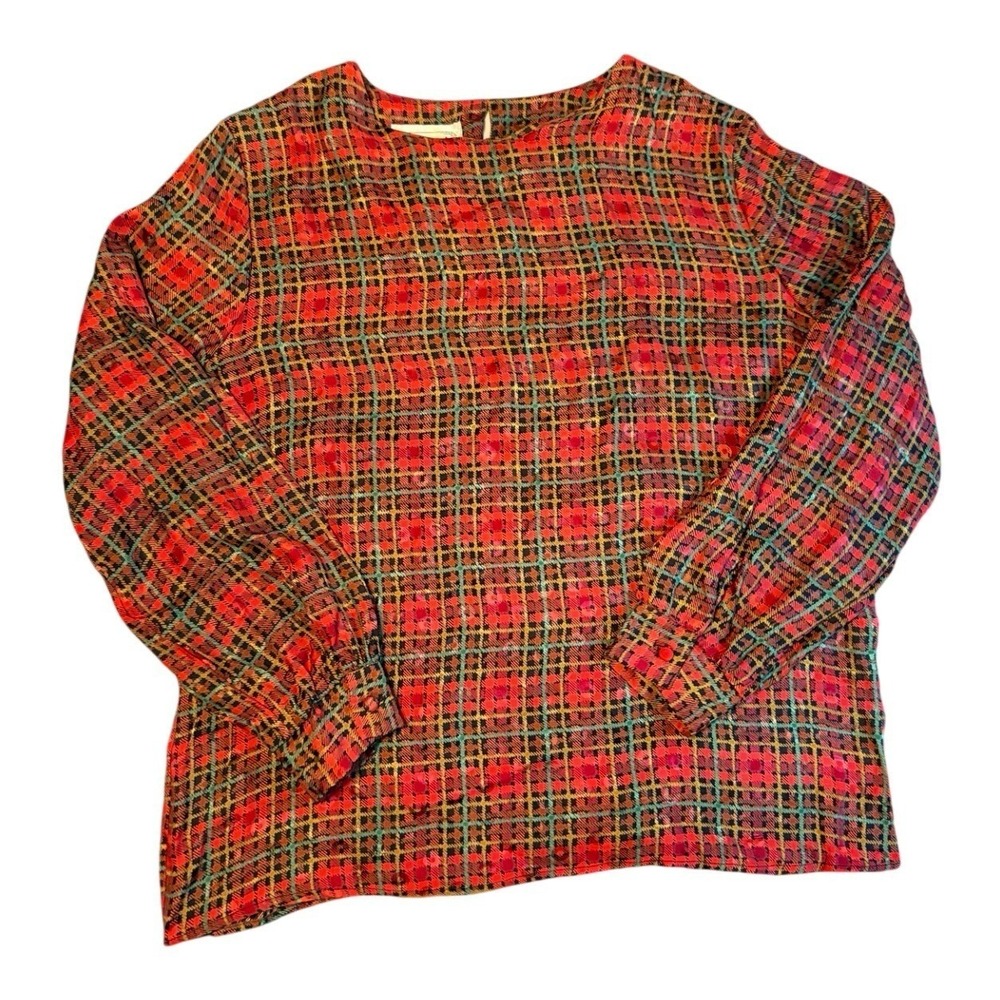 Silk Land Plaid Blouse Women Large Red 100% Pure Silk Long Sleeve Vintage Top